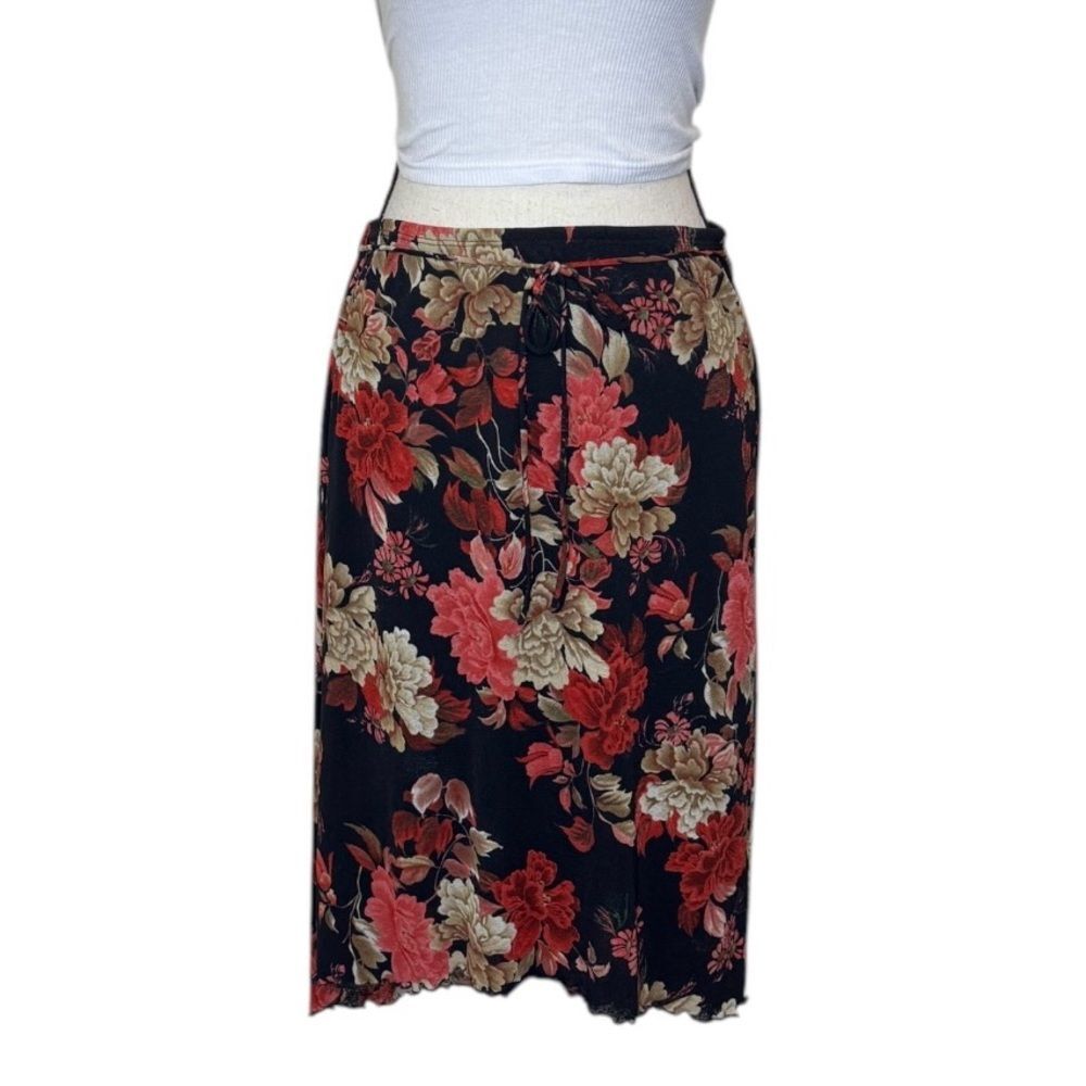 Y2K My Michelle Digital Flower Black Red Lettuce Hem Tie Midi Skirt Size Medium